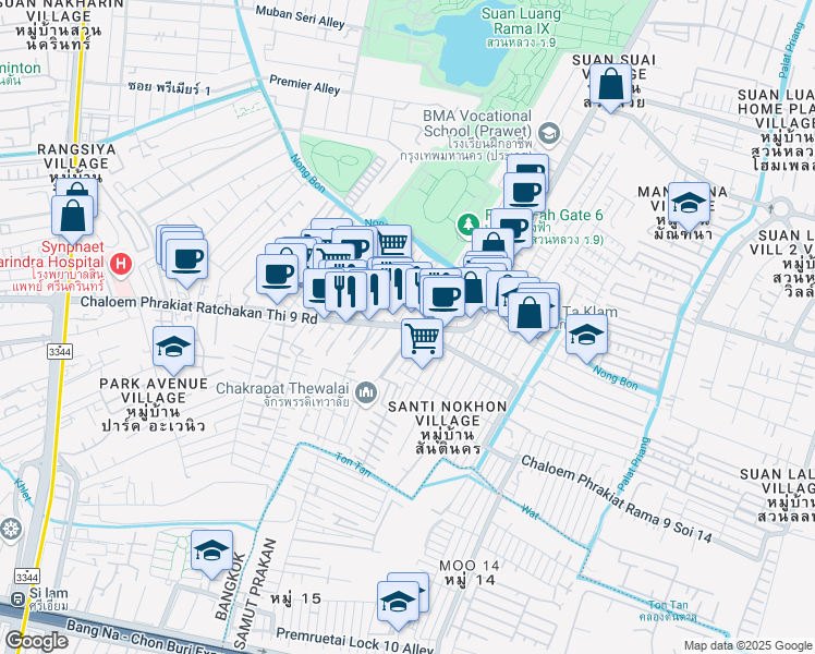 map of restaurants, bars, coffee shops, grocery stores, and more near Thanon Chaloem Phrakiat Ratchakan Thi 9 in Bangkok