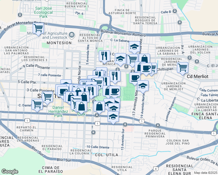 map of restaurants, bars, coffee shops, grocery stores, and more near Pista atletica Cafetalon in Santa Tecla