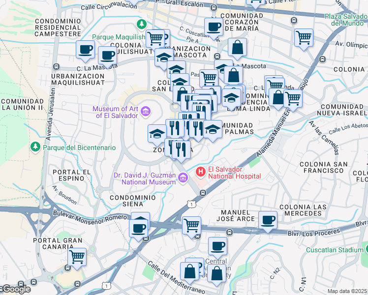 map of restaurants, bars, coffee shops, grocery stores, and more near 311 Bulevar Del Hipodromo in San Salvador