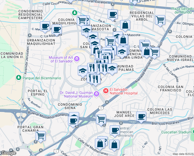 map of restaurants, bars, coffee shops, grocery stores, and more near 311 Bulevar Del Hipodromo in San Salvador