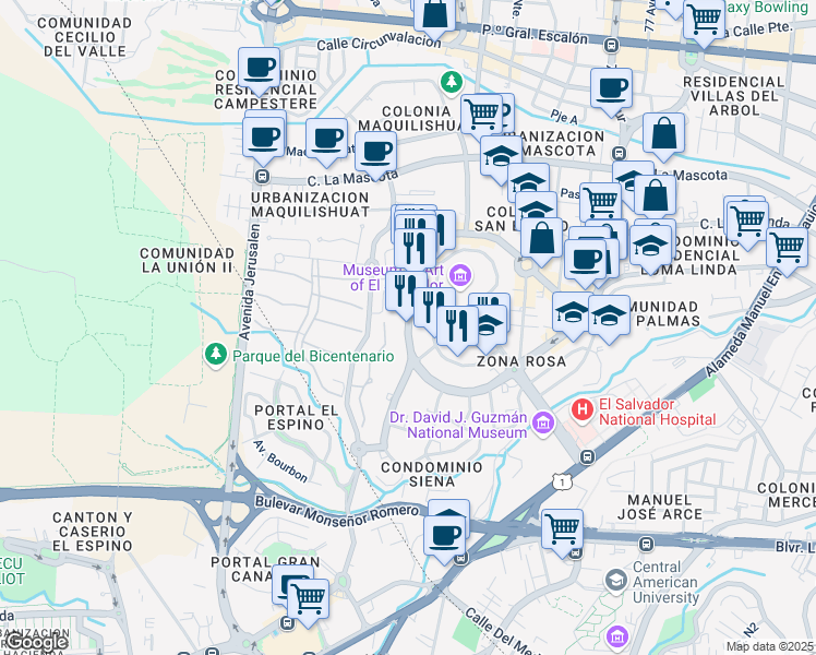 map of restaurants, bars, coffee shops, grocery stores, and more near Bulevar Del Hipodromo in San Salvador