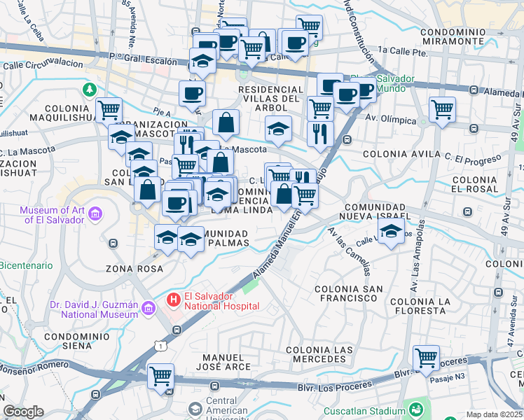 map of restaurants, bars, coffee shops, grocery stores, and more near 130 Calle La Reforma in San Salvador