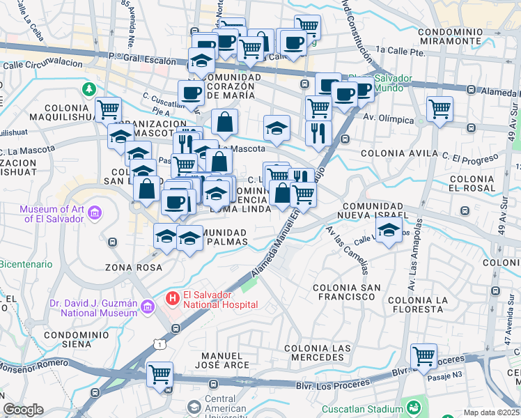map of restaurants, bars, coffee shops, grocery stores, and more near 130 Calle La Reforma in San Salvador