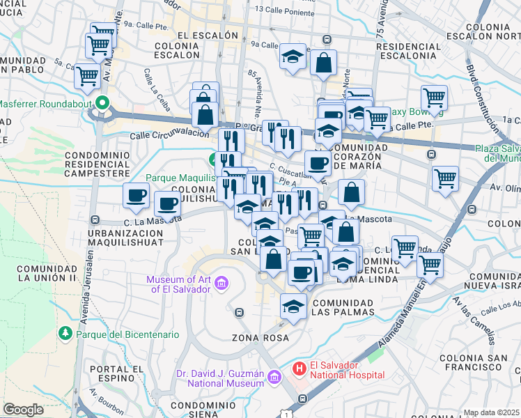 map of restaurants, bars, coffee shops, grocery stores, and more near Calle La Mascota in San Salvador