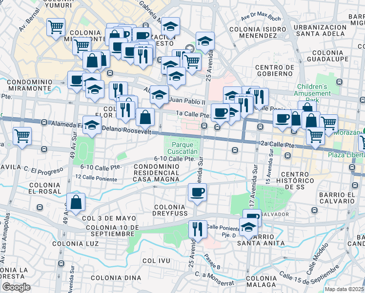 map of restaurants, bars, coffee shops, grocery stores, and more near Alameda Franklin Delano Roosevelt in San Salvador