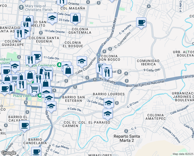 map of restaurants, bars, coffee shops, grocery stores, and more near Carretera Troncal del Norte in San Salvador