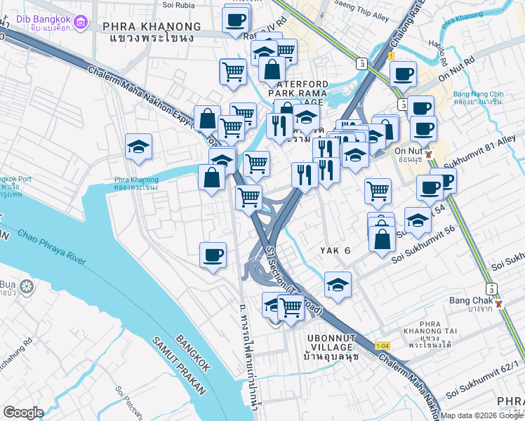 map of restaurants, bars, coffee shops, grocery stores, and more near Chalerm Maha Nakhon Expressway in Bangkok