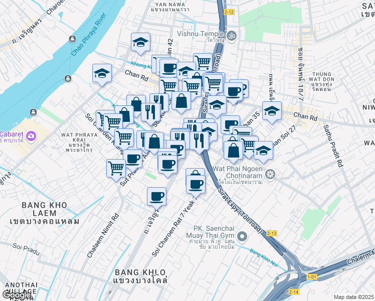 map of restaurants, bars, coffee shops, grocery stores, and more near Charoen Rat Road in Bangkok