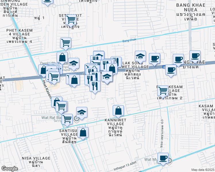 map of restaurants, bars, coffee shops, grocery stores, and more near 601/195 Soi Phet Kasem 67 in Bangkok