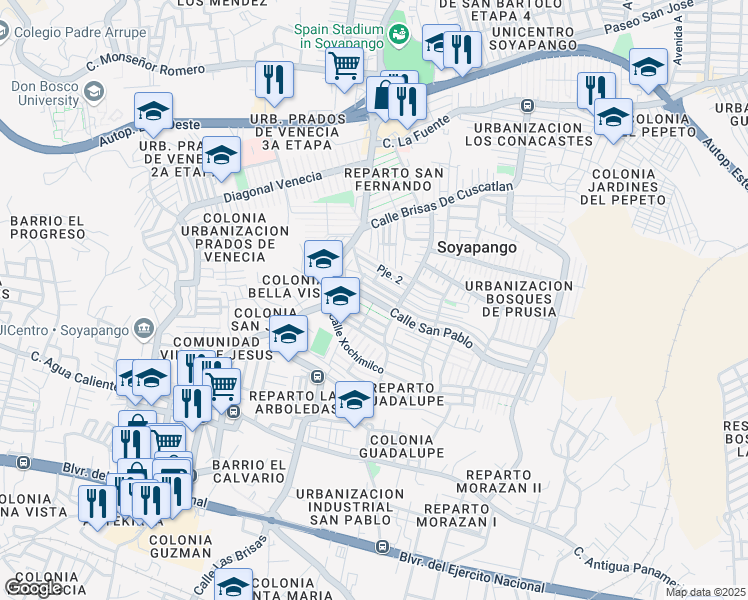 map of restaurants, bars, coffee shops, grocery stores, and more near Pasaje San Jacinto in Soyapango