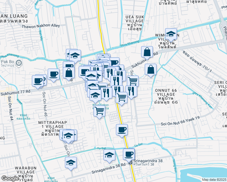 map of restaurants, bars, coffee shops, grocery stores, and more near Thanon Srinagarindra in Bangkok