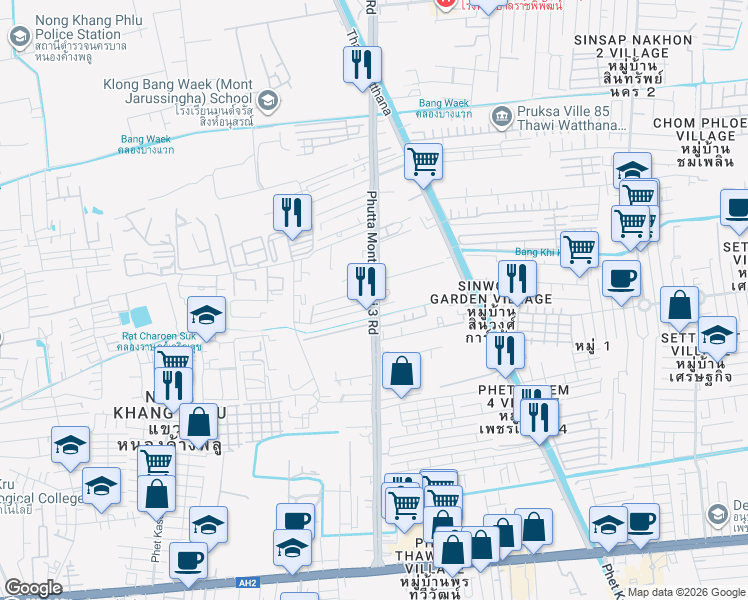 map of restaurants, bars, coffee shops, grocery stores, and more near Thanon Phet Kasem 104 in Bangkok
