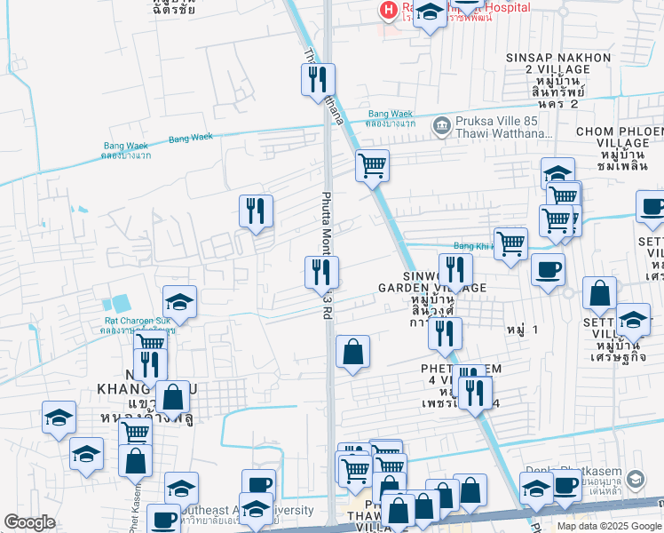 map of restaurants, bars, coffee shops, grocery stores, and more near Thanon Phet Kasem 104 in Bangkok