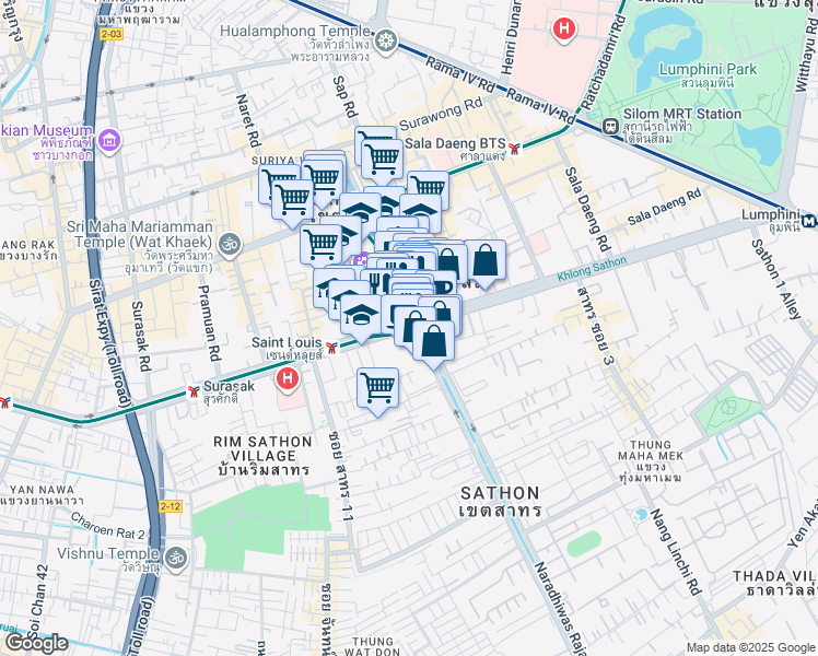 map of restaurants, bars, coffee shops, grocery stores, and more near South Sathorn Road in Bangkok