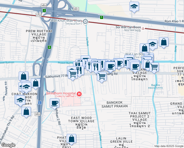 map of restaurants, bars, coffee shops, grocery stores, and more near Thanon Sukhumvit 77 in Bangkok