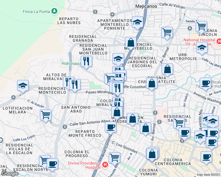 map of restaurants, bars, coffee shops, grocery stores, and more near Calle Motocross in San Salvador