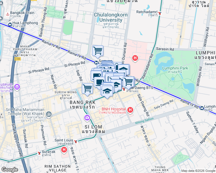 map of restaurants, bars, coffee shops, grocery stores, and more near Thanon Patpong 1 in Bangkok