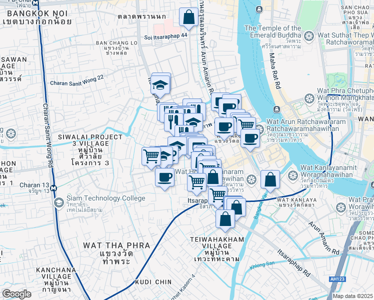 map of restaurants, bars, coffee shops, grocery stores, and more near Itsaraphap Road in Bangkok