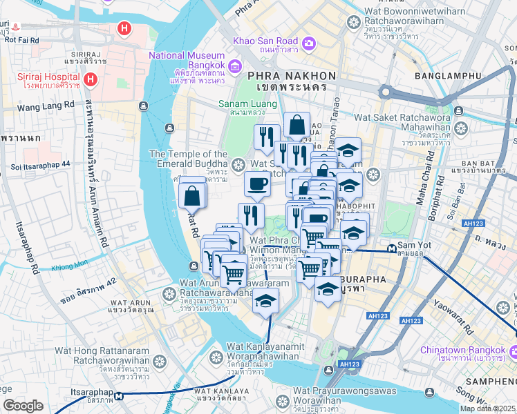 map of restaurants, bars, coffee shops, grocery stores, and more near Sanam Chai Road in Bangkok