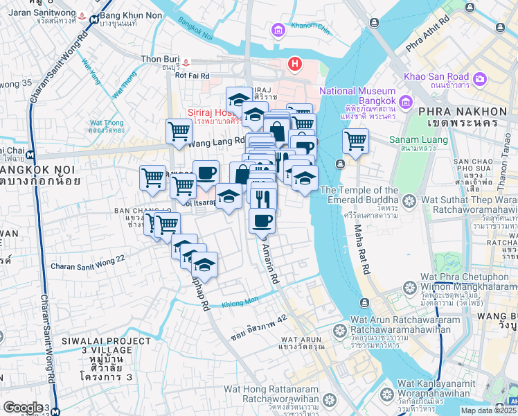 map of restaurants, bars, coffee shops, grocery stores, and more near 679 Wat Rakhang Kositaram Woramahawihan Alley in Bangkok