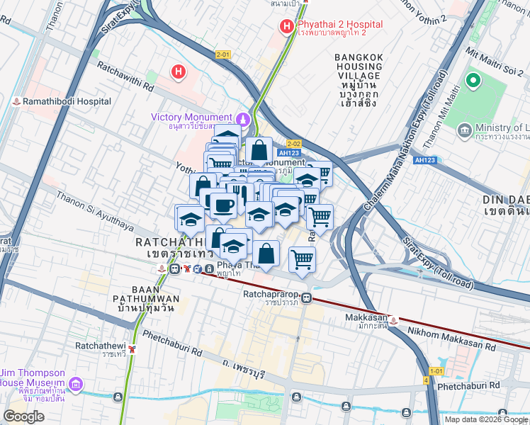 map of restaurants, bars, coffee shops, grocery stores, and more near Rang Nam Alley in Bangkok