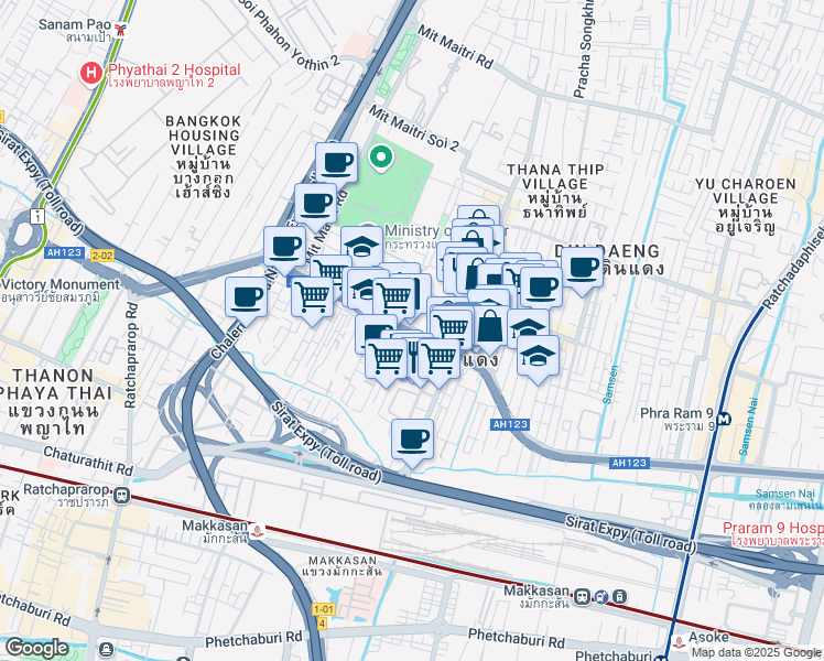map of restaurants, bars, coffee shops, grocery stores, and more near Din Daeng in Bangkok