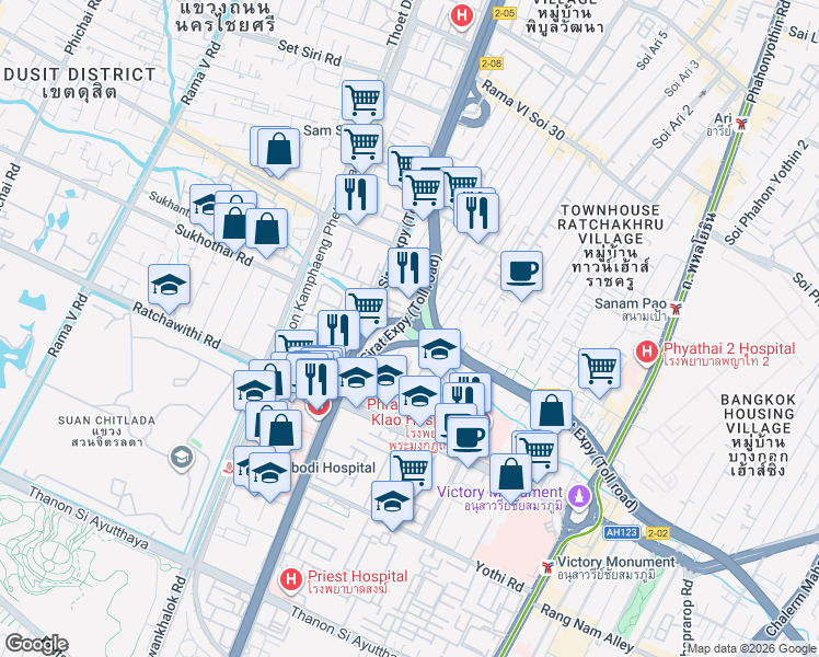 map of restaurants, bars, coffee shops, grocery stores, and more near Sirat Expressway in Bangkok