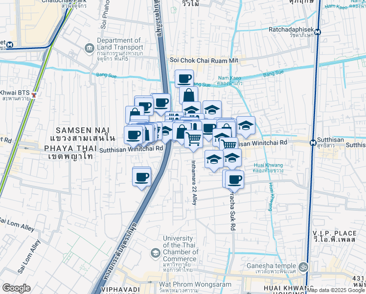 map of restaurants, bars, coffee shops, grocery stores, and more near Thanon Sutthisan Winitchai in Bangkok