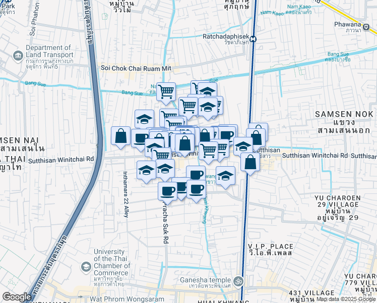 map of restaurants, bars, coffee shops, grocery stores, and more near 1355 Thanon Sutthisan Winitchai in Bangkok