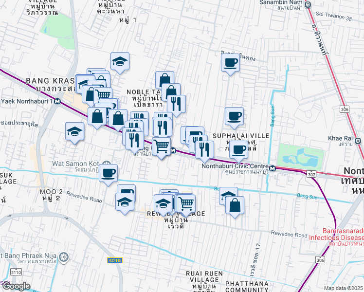 map of restaurants, bars, coffee shops, grocery stores, and more near 36/2 Rattanathibet Road in Sai Ma