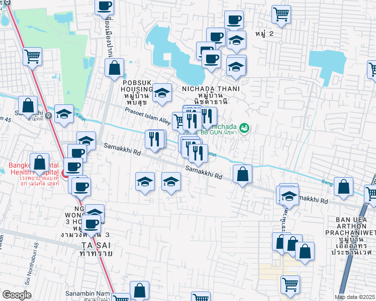 map of restaurants, bars, coffee shops, grocery stores, and more near Soi Samakkhi 29 in Amphoe Pak Kret
