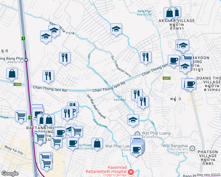 map of restaurants, bars, coffee shops, grocery stores, and more near Chan Thong Iam Road in Bang Rak Phatthana