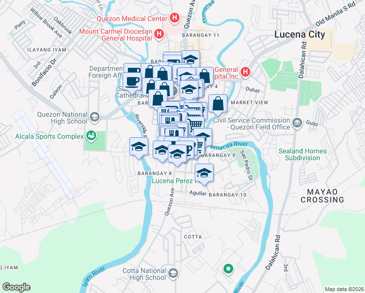 map of restaurants, bars, coffee shops, grocery stores, and more near Don Queblar Street in Lucena City