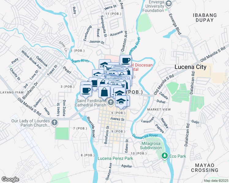 map of restaurants, bars, coffee shops, grocery stores, and more near Old Manila South Rd in Lucena City