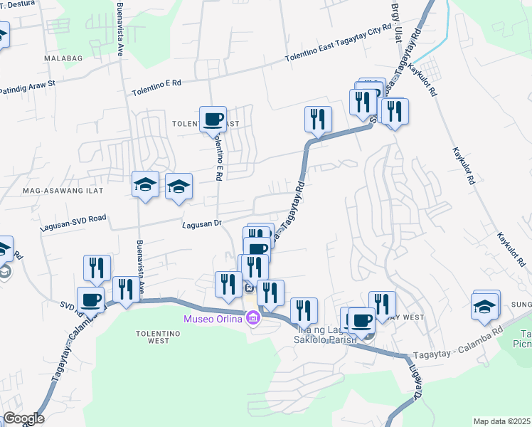 map of restaurants, bars, coffee shops, grocery stores, and more near Lagusan Drive in Tagaytay City