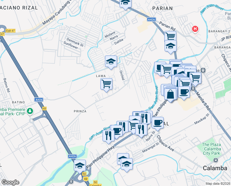 map of restaurants, bars, coffee shops, grocery stores, and more near Prinza Road in Calamba
