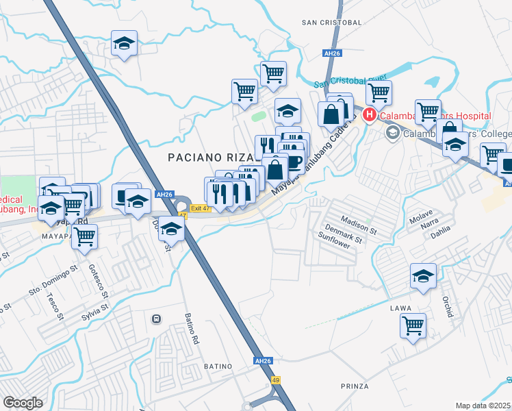 map of restaurants, bars, coffee shops, grocery stores, and more near 4 Paciano Rizal in Calamba