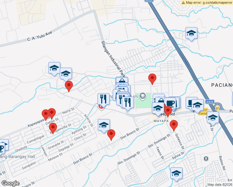 map of restaurants, bars, coffee shops, grocery stores, and more near Silangan Industrial Park Road in Calamba City