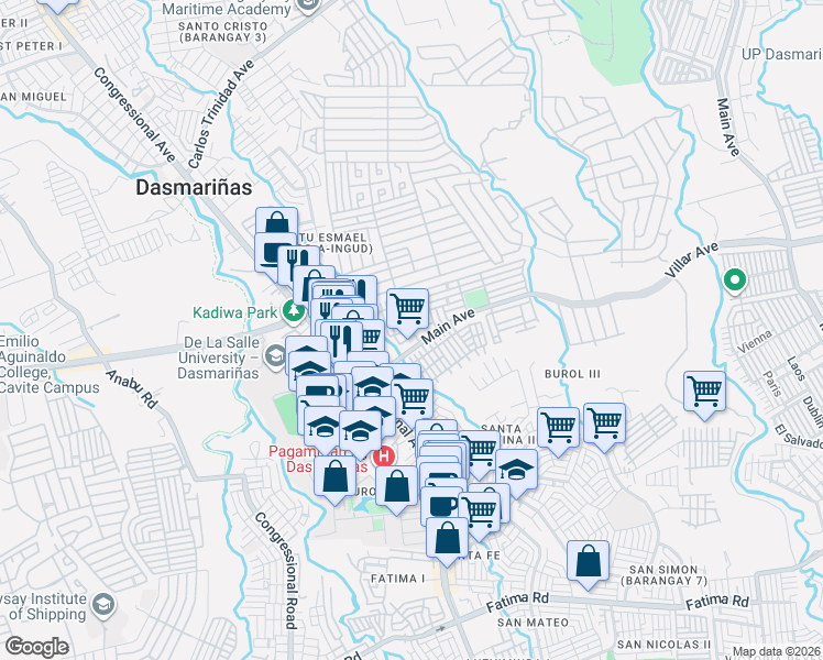 map of restaurants, bars, coffee shops, grocery stores, and more near 29th Lane in Dasmariñas