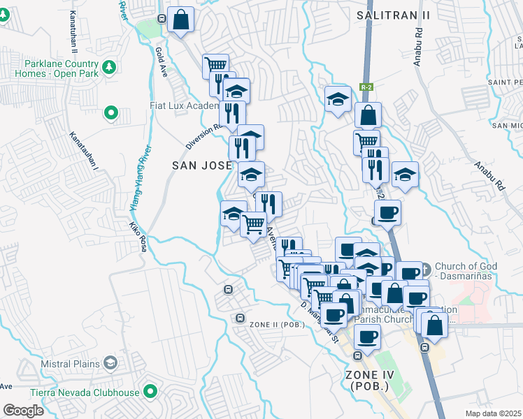 map of restaurants, bars, coffee shops, grocery stores, and more near Don Placido Campos Avenue in Dasmariñas