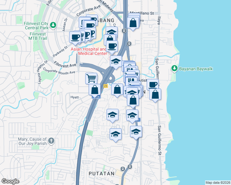 map of restaurants, bars, coffee shops, grocery stores, and more near M Dolleton St in Muntinlupa City