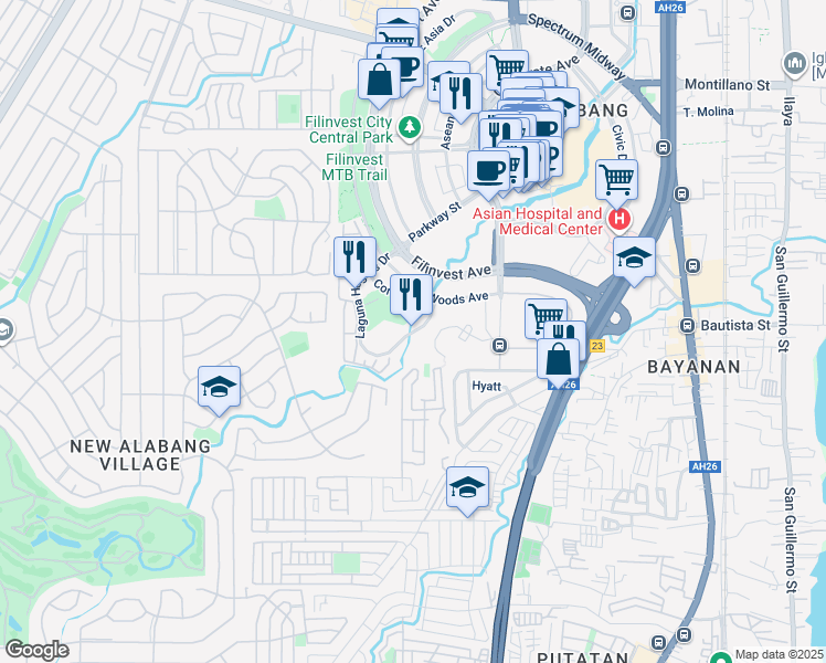 map of restaurants, bars, coffee shops, grocery stores, and more near Laguna Heights Drive in Muntinlupa