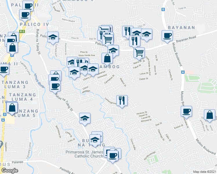 map of restaurants, bars, coffee shops, grocery stores, and more near Elm St in Bacoor