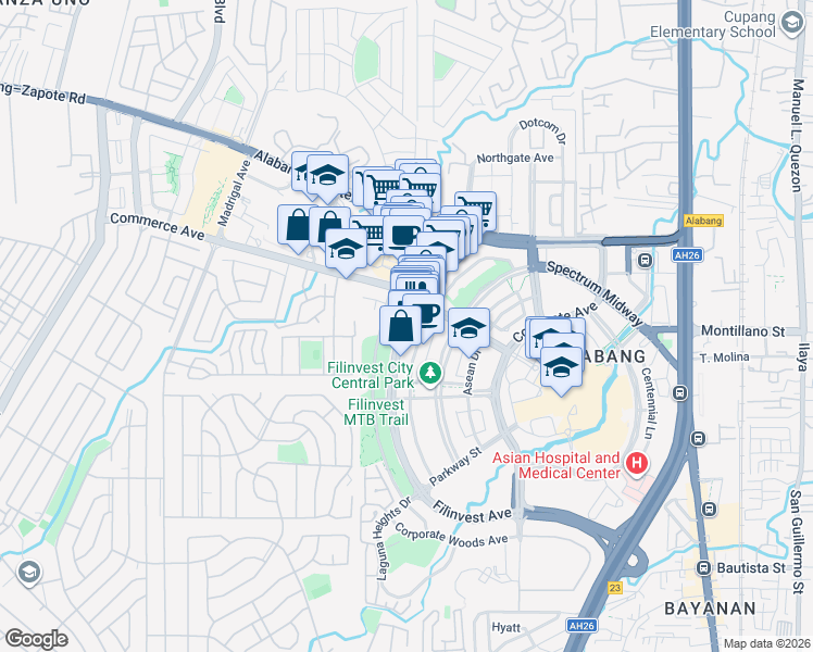 map of restaurants, bars, coffee shops, grocery stores, and more near Filinvest Avenue in Muntinlupa