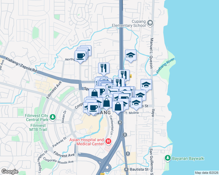 map of restaurants, bars, coffee shops, grocery stores, and more near South Station Complex Spectrum Midway Extension in Muntinlupa