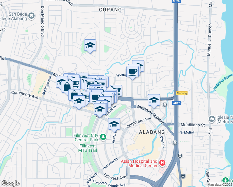 map of restaurants, bars, coffee shops, grocery stores, and more near Filinvest Avenue in Muntinlupa