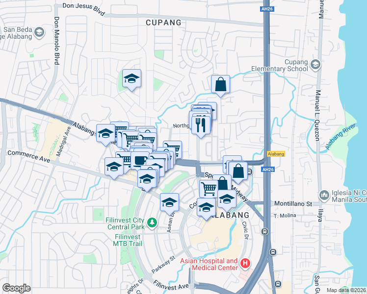 map of restaurants, bars, coffee shops, grocery stores, and more near 3 Filinvest Avenue in Muntinlupa