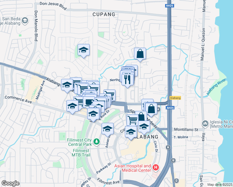 map of restaurants, bars, coffee shops, grocery stores, and more near 3 Filinvest Avenue in Muntinlupa