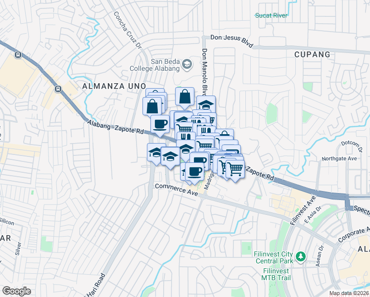map of restaurants, bars, coffee shops, grocery stores, and more near 1107 Alabang–Zapote Road in Muntinlupa