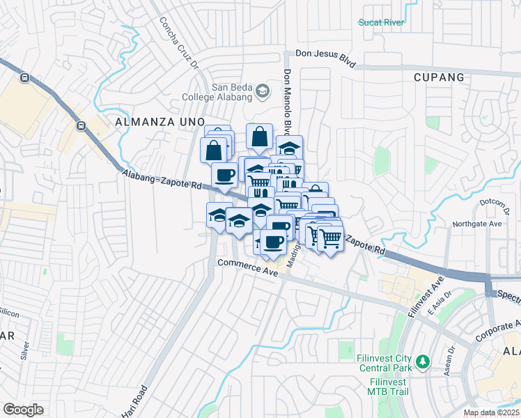 map of restaurants, bars, coffee shops, grocery stores, and more near 1107 Alabang–Zapote Road in Muntinlupa